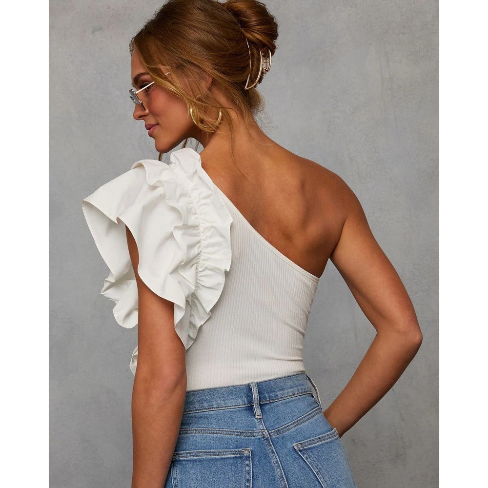 Statement Maker Ribbed One Shoulder Ruffle Bodysu… - image 5